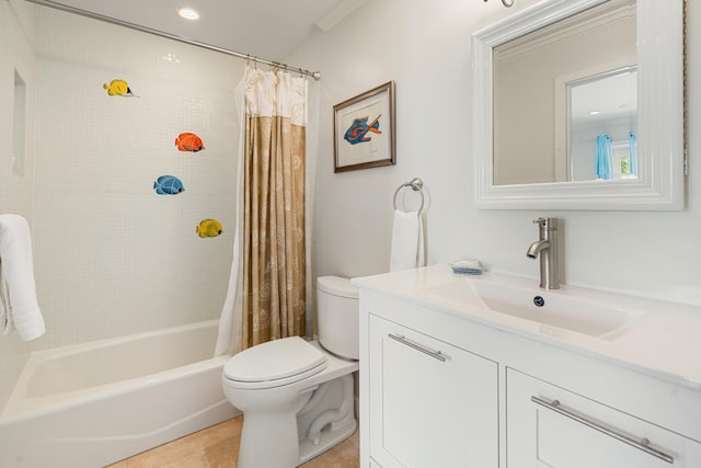 full bathroom with vanity, toilet, and shower / bath combo with shower curtain