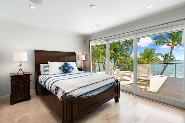 bedroom featuring a water view, ornamental molding, and access to outside