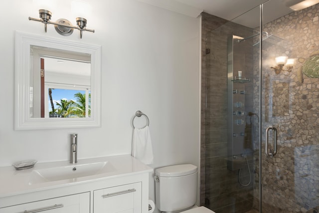 bathroom with vanity, a shower with door, and toilet