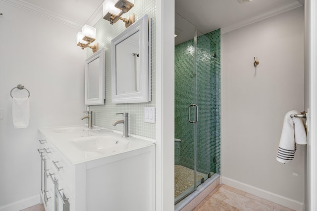 bathroom featuring crown molding, vanity, a shower with door, tile patterned flooring, and backsplash