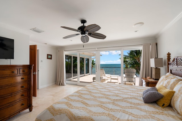 bedroom with crown molding, access to outside, ceiling fan, and a water view