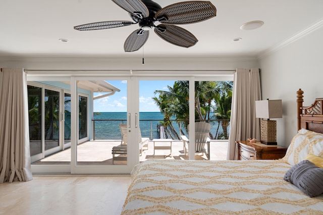 bedroom with multiple windows, access to outside, ornamental molding, and a water view