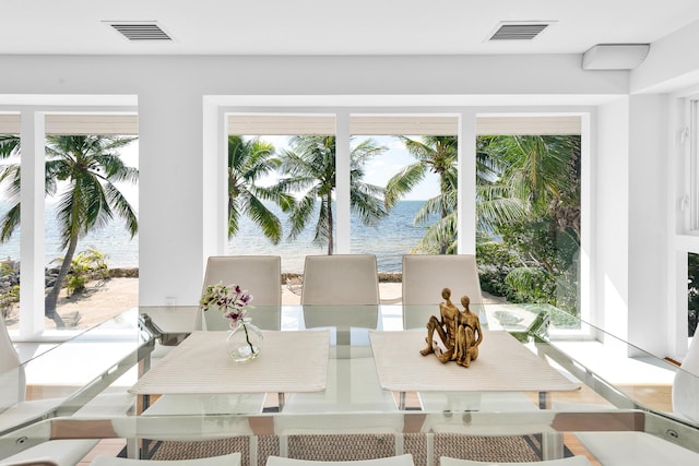 dining room featuring visible vents and a water view