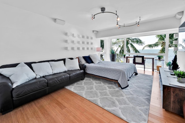 bedroom with rail lighting, access to exterior, and light wood-type flooring