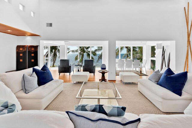 living room featuring a water view and light hardwood / wood-style flooring