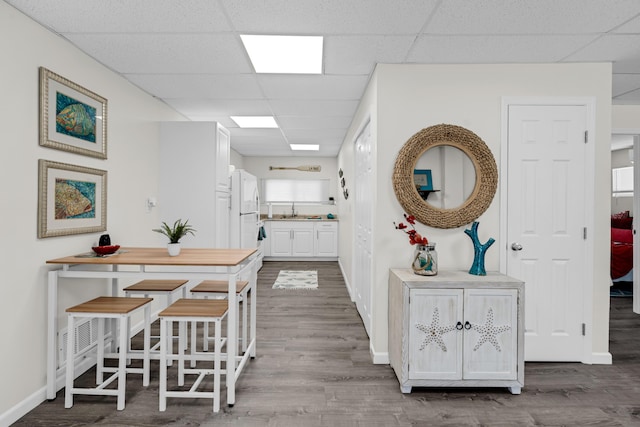 interior space with wood-type flooring, sink, and a drop ceiling