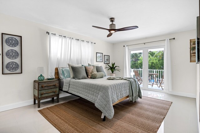 bedroom with light tile patterned floors, access to exterior, and ceiling fan