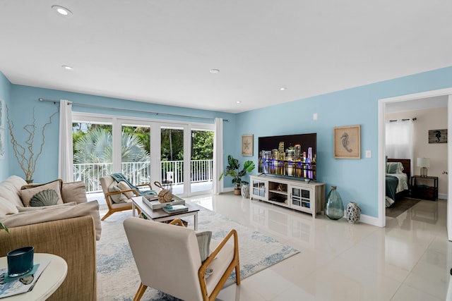 tiled living room featuring french doors