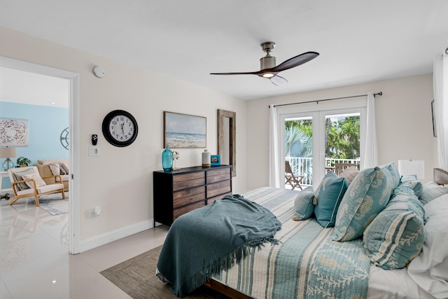 bedroom featuring access to exterior and ceiling fan