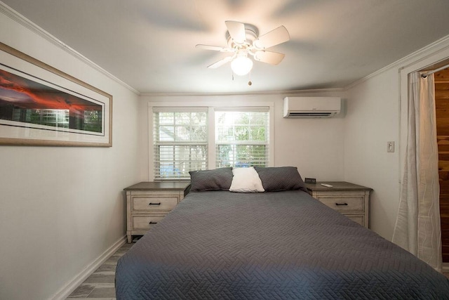 bedroom with hardwood / wood-style flooring, crown molding, a wall mounted air conditioner, and ceiling fan