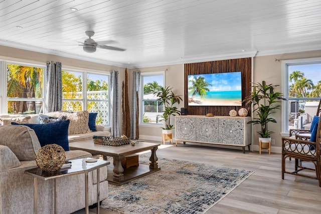 sunroom with wooden ceiling and ceiling fan