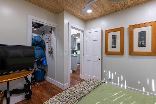 bedroom featuring wood ceiling and dark hardwood / wood-style flooring