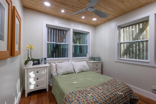 bedroom featuring dark hardwood / wood-style flooring, wood ceiling, and ceiling fan