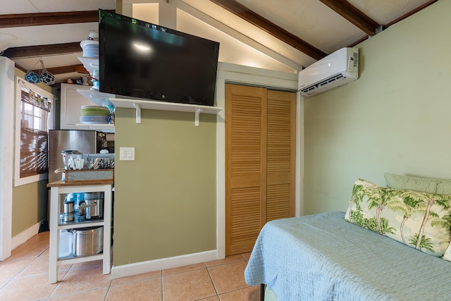 tiled bedroom with lofted ceiling with beams, a wall mounted AC, and a closet