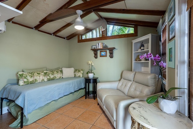 tiled bedroom featuring ceiling fan, a wall unit AC, and vaulted ceiling with beams