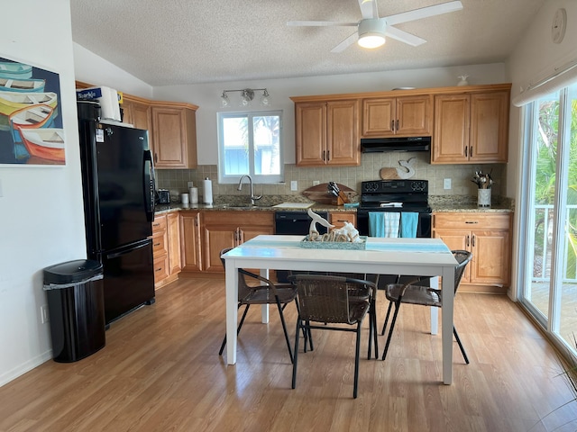 kitchen with sink, light hardwood / wood-style flooring, light stone counters, black appliances, and decorative backsplash