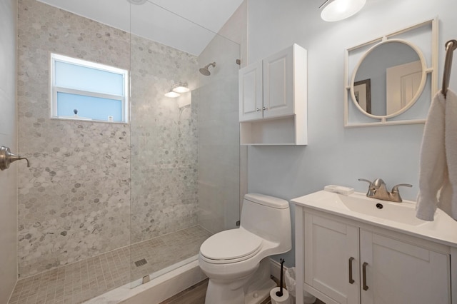 bathroom with vanity, toilet, and a tile shower