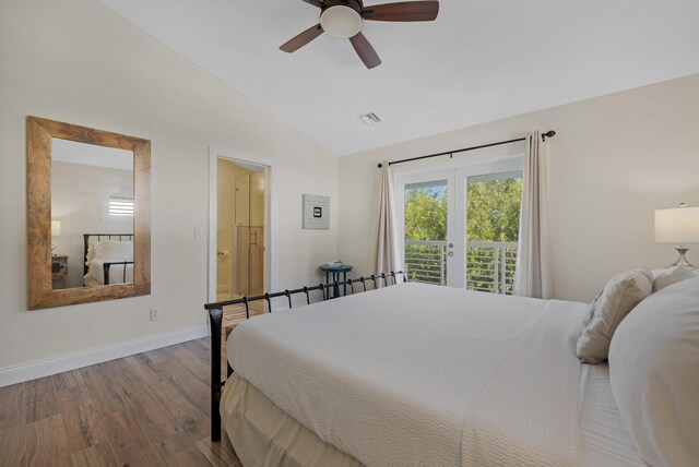 bedroom featuring french doors, lofted ceiling, access to outside, hardwood / wood-style flooring, and ceiling fan