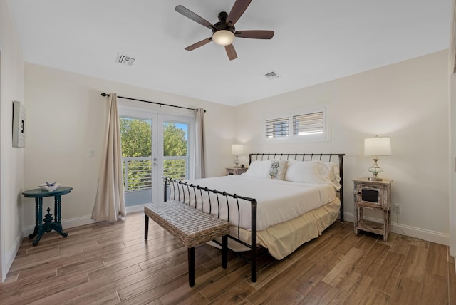 bedroom featuring ceiling fan, hardwood / wood-style floors, and access to outside