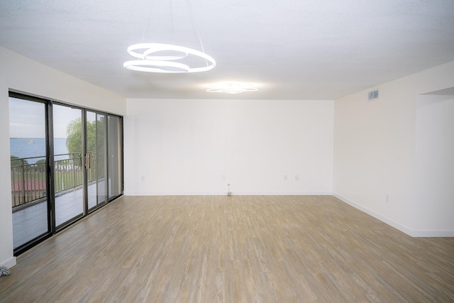 empty room featuring light hardwood / wood-style floors and a water view