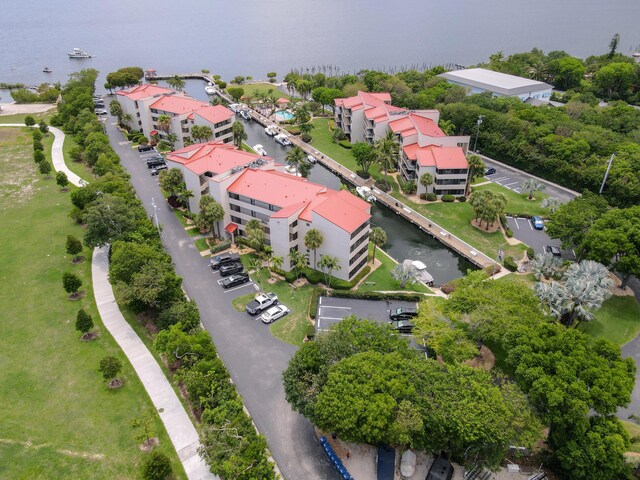 drone / aerial view featuring a water view