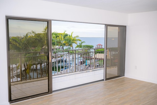 doorway with a water view and light hardwood / wood-style floors