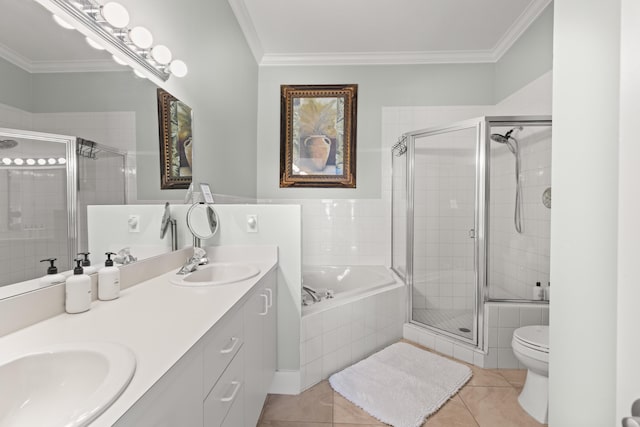 95 Coco Plum Dr Unit 5D, Marathon, FL 33050 - full bathroom featuring a shower stall, tile patterned flooring, crown molding, a bath, and toilet