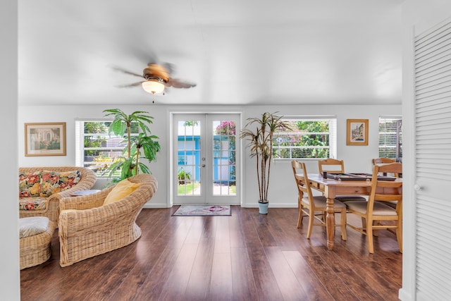 interior space featuring dark hardwood / wood-style floors, ceiling fan, and french doors