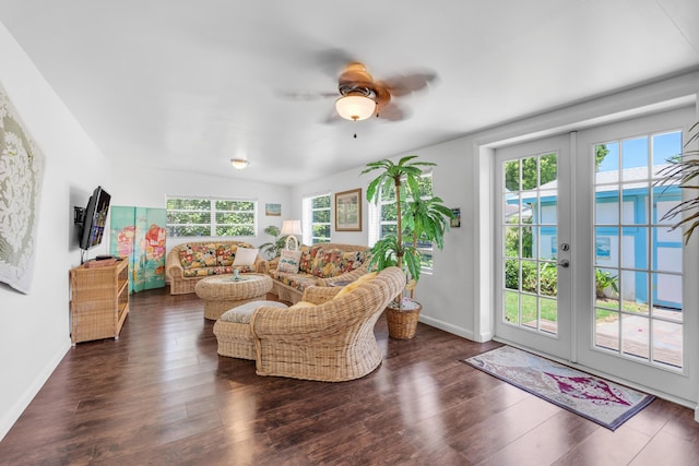 living room with french doors, ceiling fan, and dark hardwood / wood-style floors