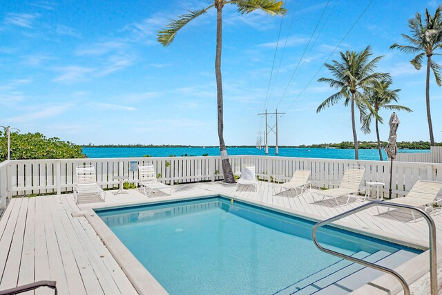 view of swimming pool with a deck with water view