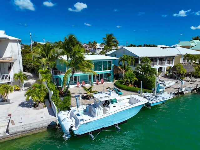 exterior space with a water view