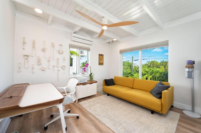 office featuring beamed ceiling, an AC wall unit, hardwood / wood-style floors, and wood ceiling