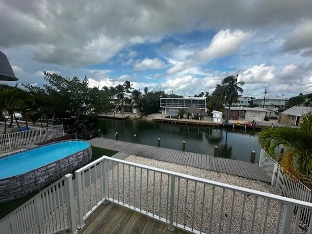 exterior space featuring a fenced in pool and a water view