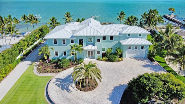 aerial view featuring a water view