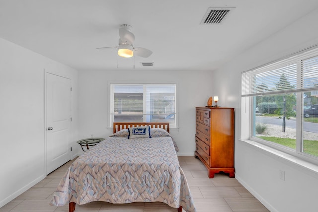 bedroom featuring ceiling fan and multiple windows