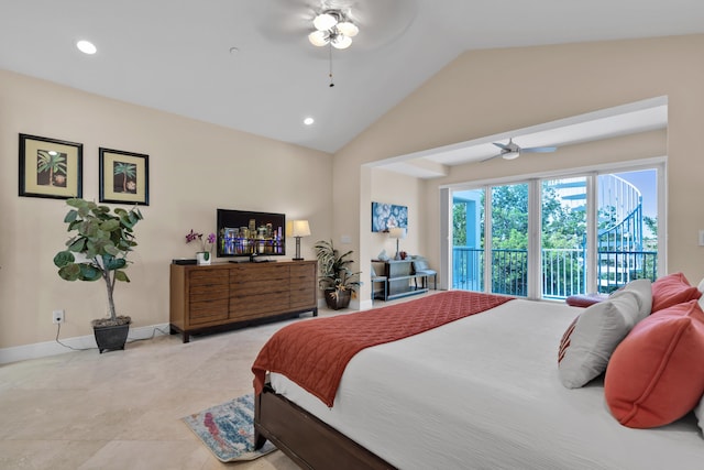 bedroom with light tile patterned flooring, ceiling fan, and vaulted ceiling