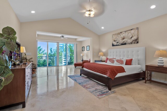 bedroom with high vaulted ceiling and ceiling fan