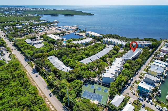 drone / aerial view featuring a water view