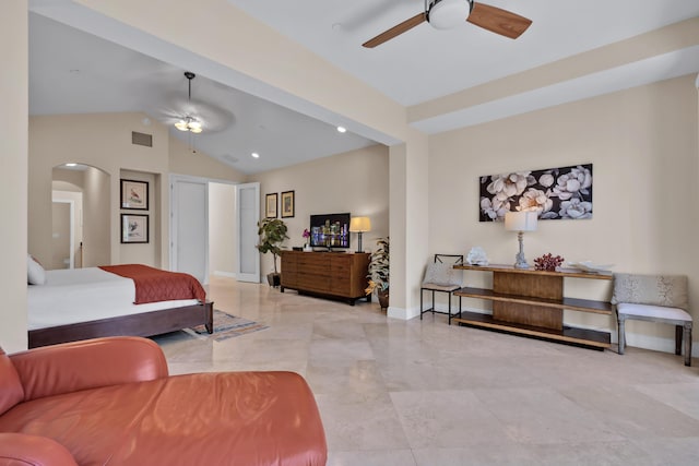 bedroom with lofted ceiling and ceiling fan