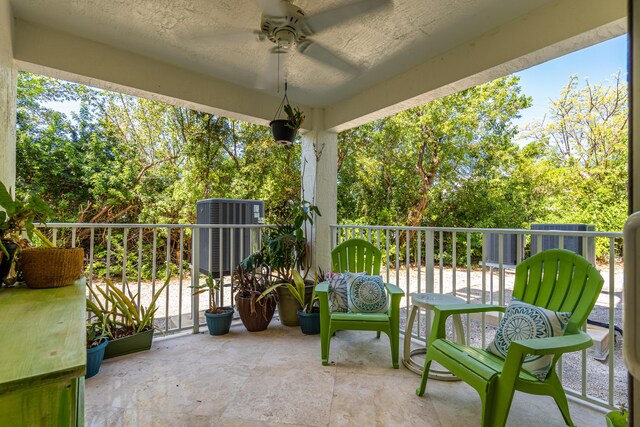 balcony featuring central AC and ceiling fan