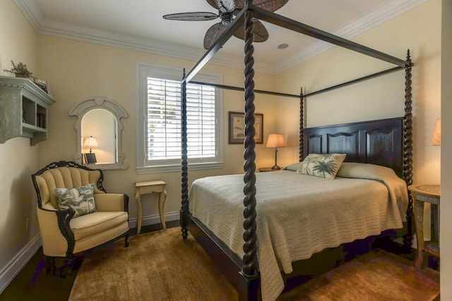 bedroom with dark wood-style floors, ceiling fan, ornamental molding, and baseboards