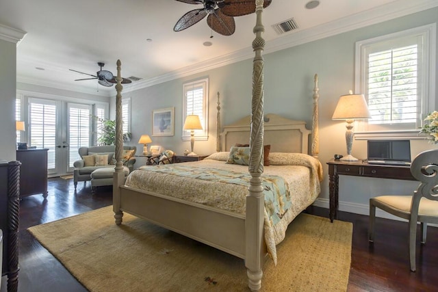 bedroom featuring multiple windows, visible vents, and ornamental molding