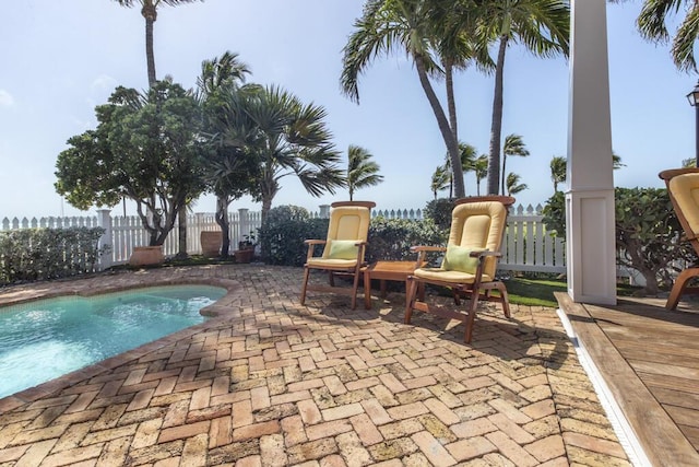 view of swimming pool featuring a fenced in pool, a patio area, and fence