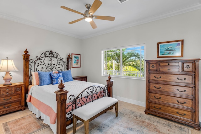 tiled bedroom with crown molding and ceiling fan