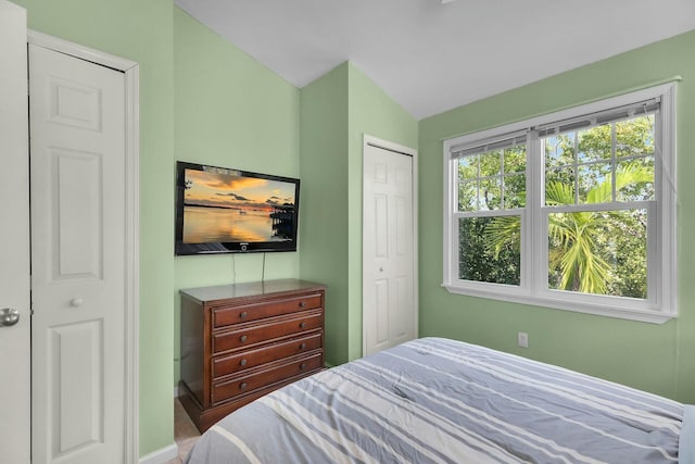 bedroom featuring a closet and lofted ceiling