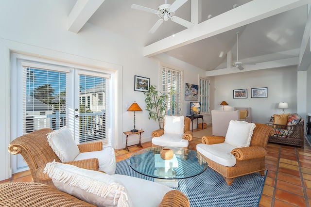 tiled living room featuring beamed ceiling, high vaulted ceiling, and ceiling fan