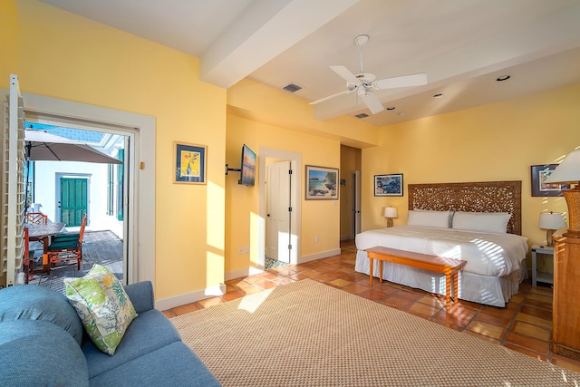 bedroom featuring ceiling fan, beam ceiling, and access to outside