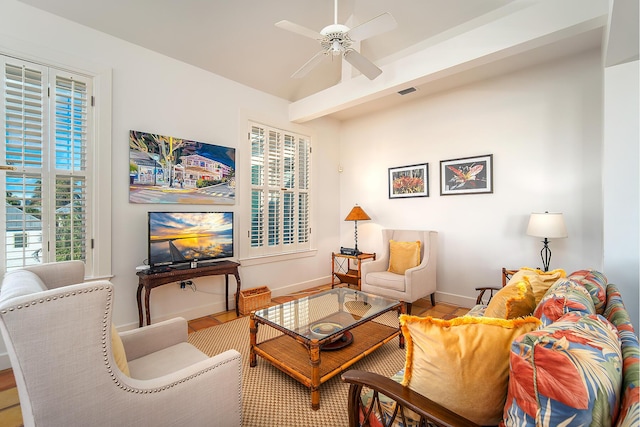 living room featuring ceiling fan