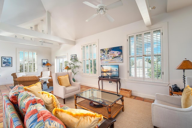 living room with vaulted ceiling with beams and ceiling fan