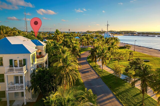 drone / aerial view featuring a water view